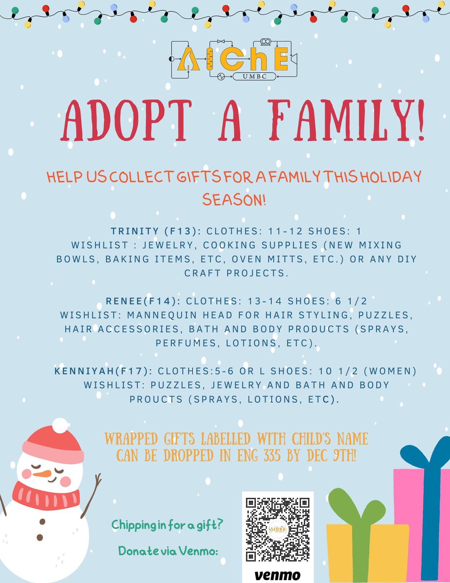 UMBC AIChE (@umbcaiche) on Twitter photo Happy holiday season🎄!! And what better way to celebrate it than by giving back!!🎁 you can drop off the gifts in ENGR335 by Dec 9th, or you can chip in via our Venmo:
<a href="/UMBCAIChE/">UMBC AIChE</a> Happy holiday season🎄!! And what better way to celebrate it than by giving back!!🎁 you can drop off the gifts in ENGR335 by Dec 9th, or you can chip in via our Venmo:
<a href="/UMBCAIChE/">UMBC AIChE</a>
