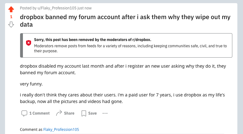 wu2ke4's tweet photo. and then dropbox reddit moderator think i'm the spam. yes i very fucking am. @dropbox @drewhouston @DropboxSupport #ripdropbox https://t.co/Z3jJFNCRu9