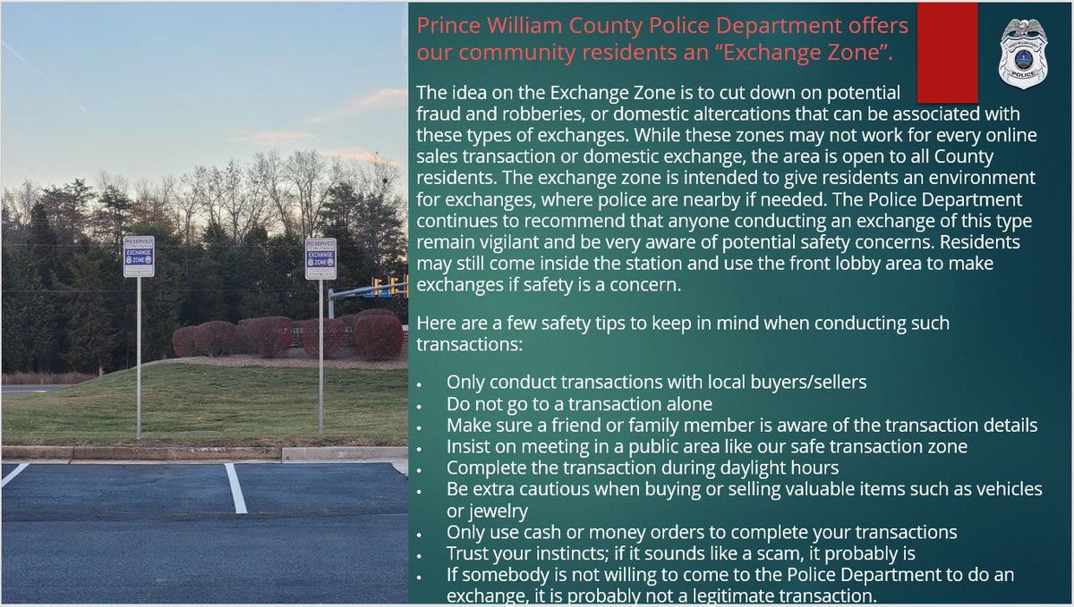 PWCPolice's tweet photo. #PWCPD offers our community residents an #ExchangeZone in our parking lots of Central &amp; Western District Stations. While we do not have designated spaces at our Eastern District Station, residents may use the public lobby to conduct an exchange. More info: https://t.co/k1NKPKxND4 https://t.co/MwBe6DHKCp