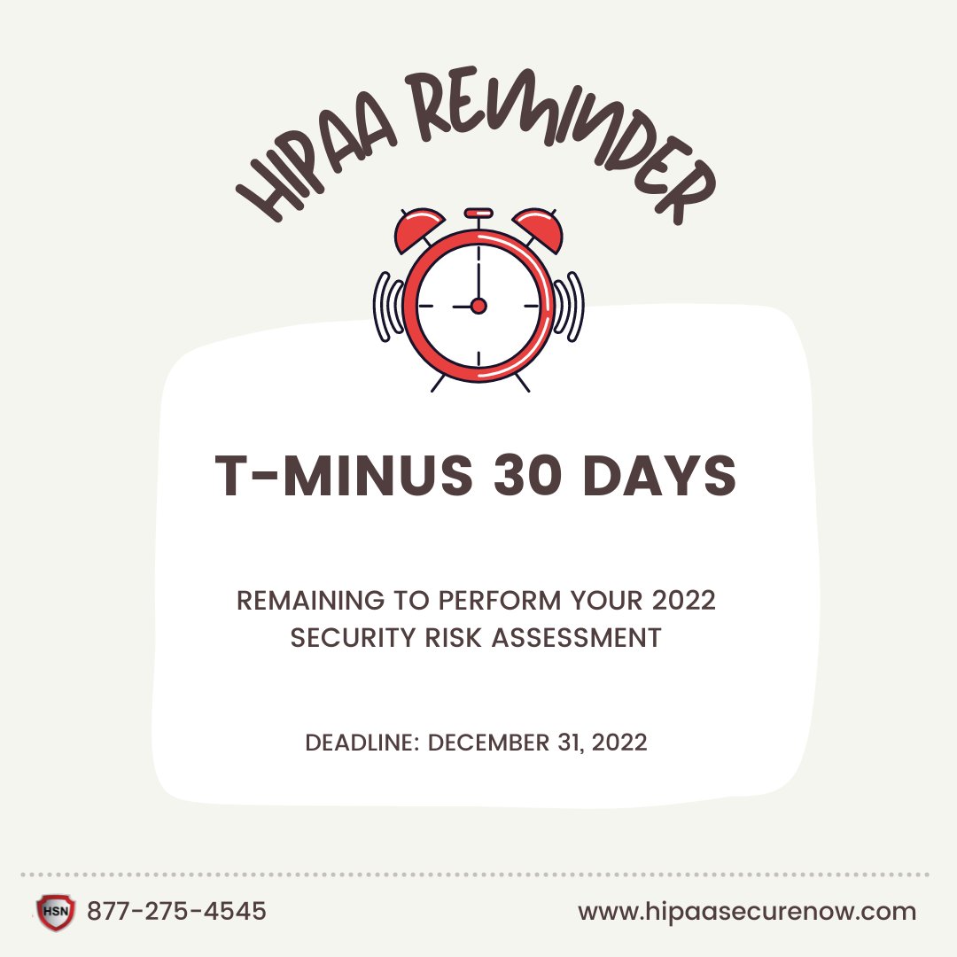 You have 30 days left to submit the 2022 Security Risk Assessment (SRA)

Completing your SRA doesn’t have to be intimidating with our #HIPAA experts by your side.

If you need guidance with this year’s SRA, reach out to one of our specialists at ow.ly/wEaL50LSYAs