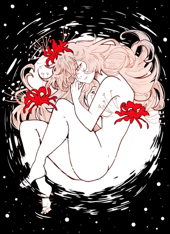 Last Desire -Original print about my oc Lyra, and concept about her death, her wishes, and how are alone Lycoris radiata -spider lily- are her flower because his name is the flower name, Lyra is a short name #Oc #OriginalArtwork #originalart #ink