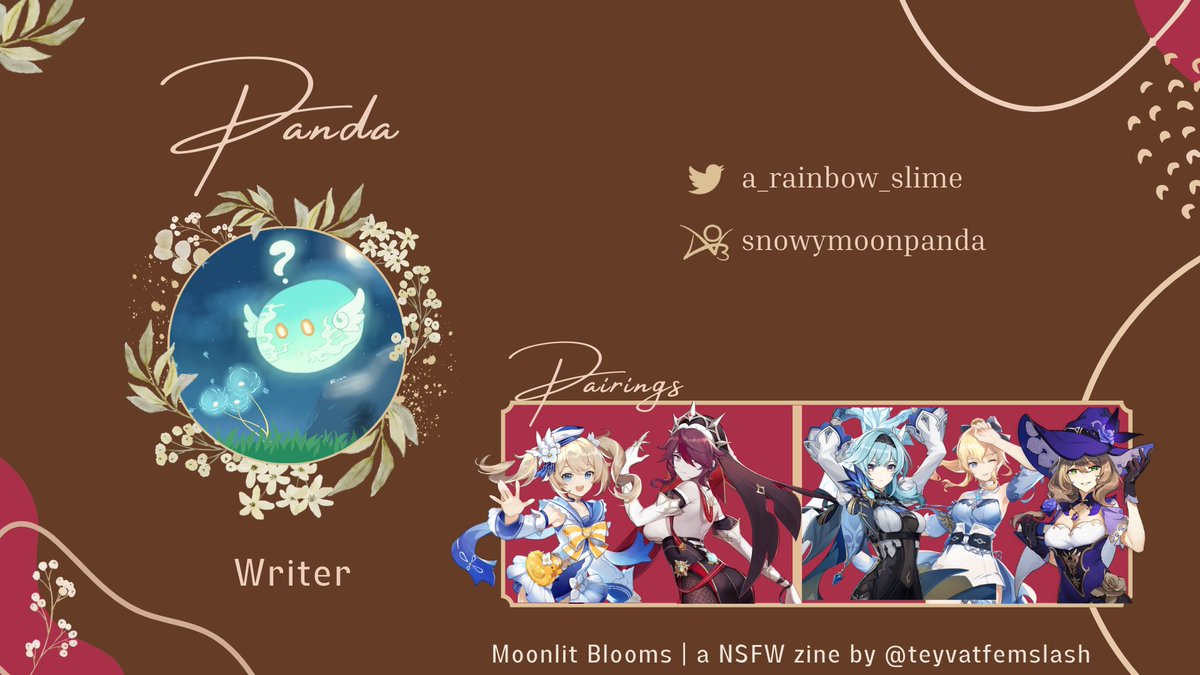 teyvatfemslash's tweet photo. NSFW Writer Spotlight: panda

The pieces @a_rainbow_slime created include Rosaria/Barbara and Jean/Lisa/Eula. We can't wait for you to read them! https://t.co/sENg5uZ01u