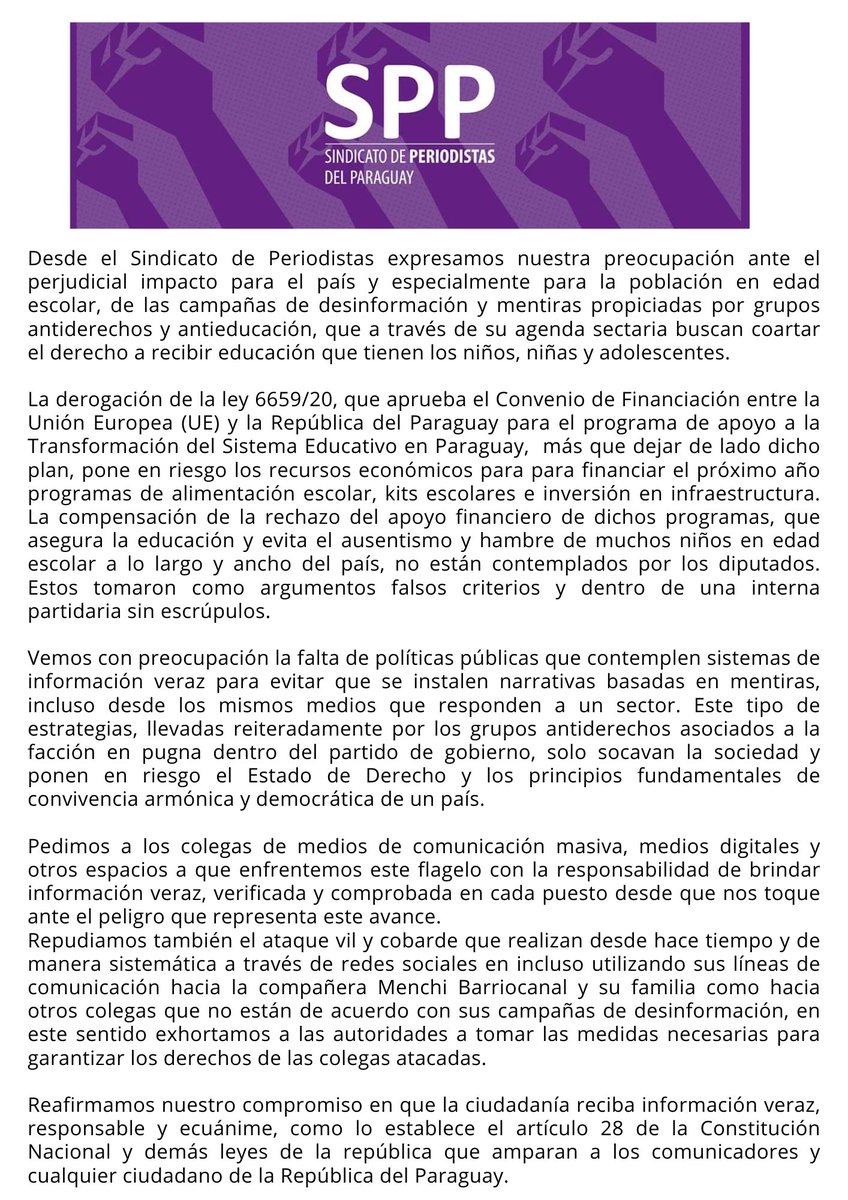 Posicionamiento sobre la decisión de <a href="/DiputadosPy/">Cámara de Diputados</a> de recortar fondos para la Educación y ante los ataques a periodistas por grupos anti-derechos