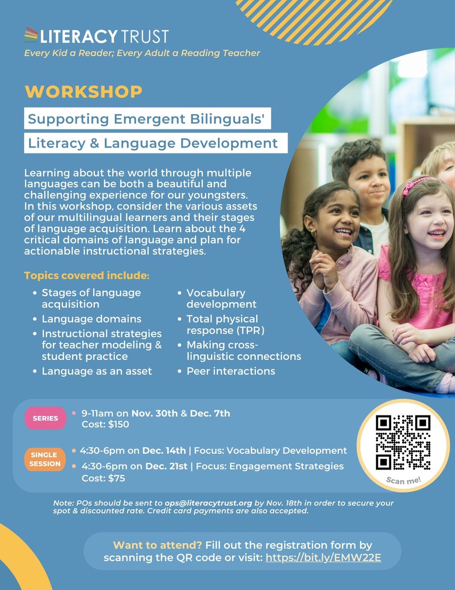 LiteracyTrustNY's tweet photo. There's still time to register for a workshop in December! ⚠️ Join us for a live, interactive remote session on Supporting Emergent Bilinguals' Literacy &amp; Language Development. 📚 Register today to save your spot: https://t.co/dSSwbW2NO2
#EarlyLiteracy #MultiLanguageLearners #PD https://t.co/gkmfgQPVqZ