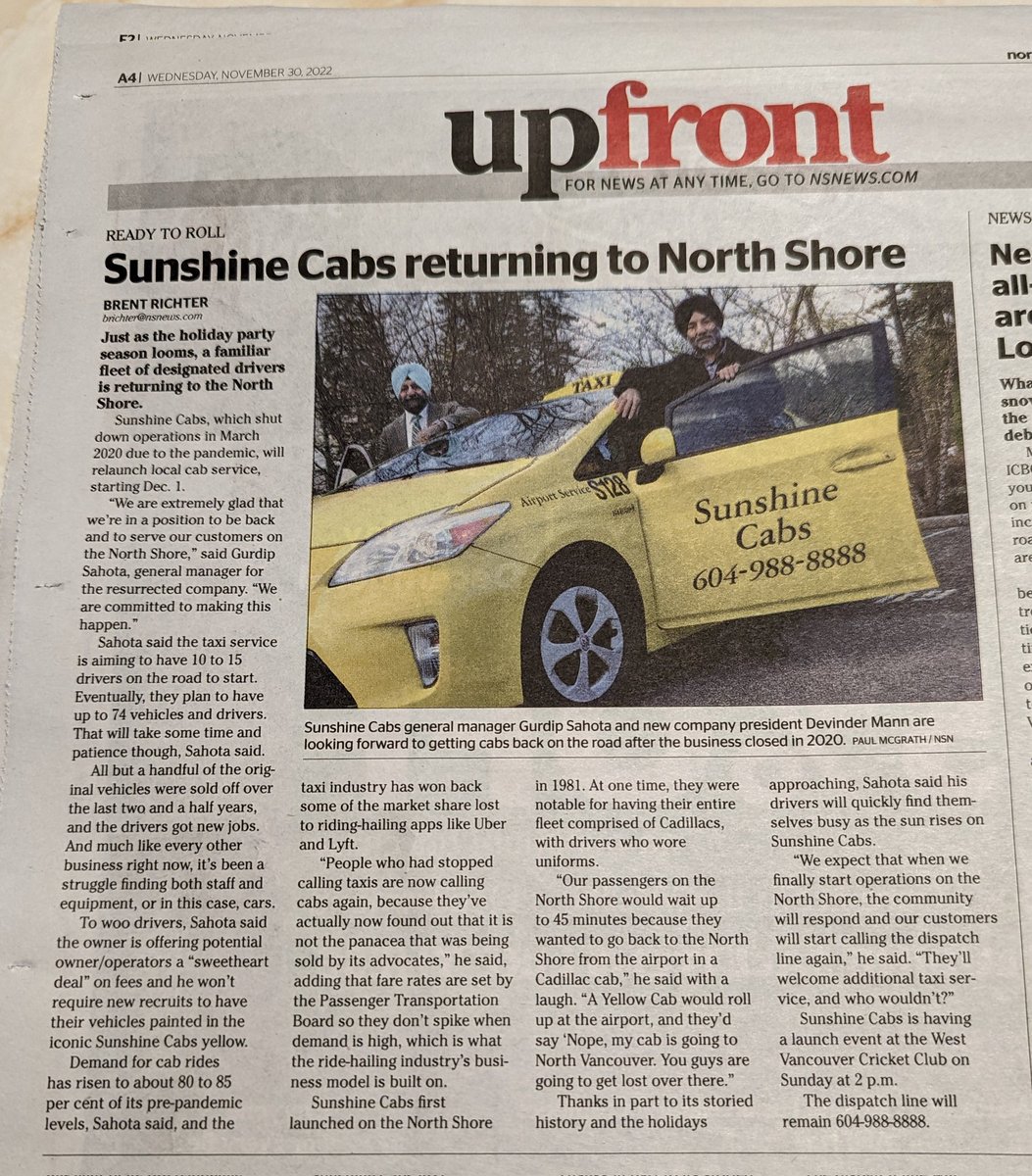 gurdipsahota's tweet photo. Thank you @NorthShoreNews for the print story in yesterday's paper. I picked up my copies today !! π π
#WeAreBack #SunshineCabs #NorthShore #NorthVan #WestVan #Taxi #Cab #BCTaxis #ReadyToRoll https://t.co/pOQjC9ib5c