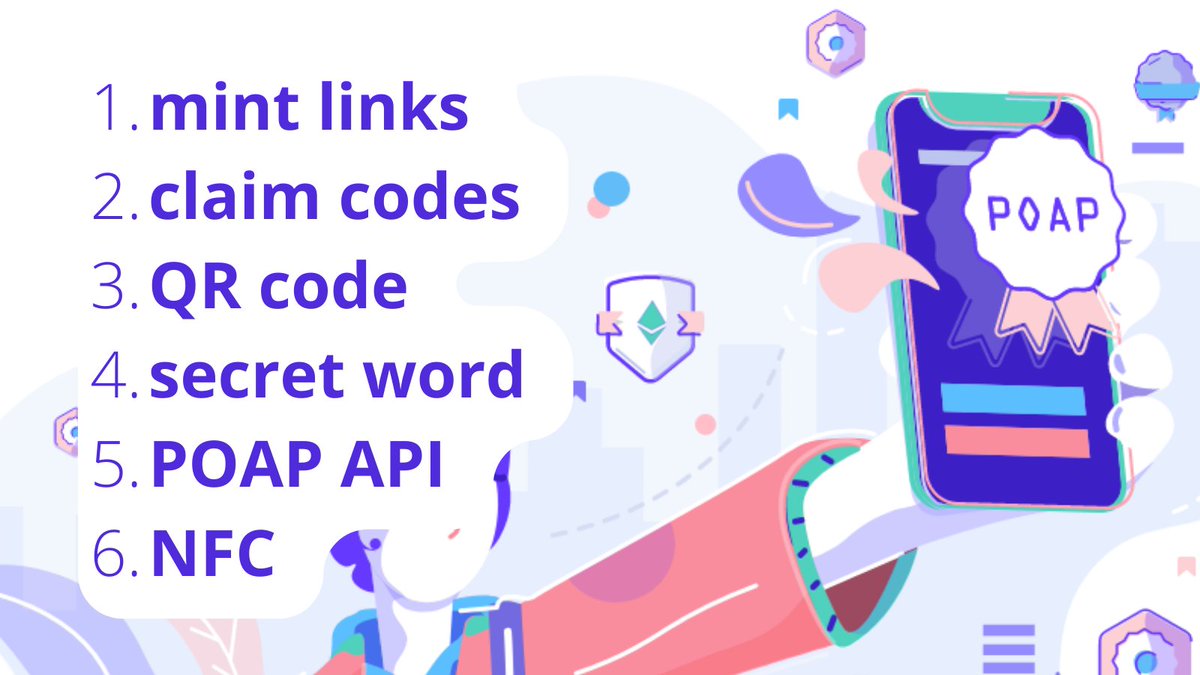 There are 6 ways to distribute POAPs

1️⃣ mint links
2️⃣ claim codes
3️⃣ QR codes
4️⃣ secret word
5️⃣ POAP API
6️⃣ NFC

<a href="/poapxyz/">POAP - Bookmarks for your life</a> is a digital NFT badge to prove attendance at an in-person or online event.

Do you know when to use one of these methods?

🧵👇