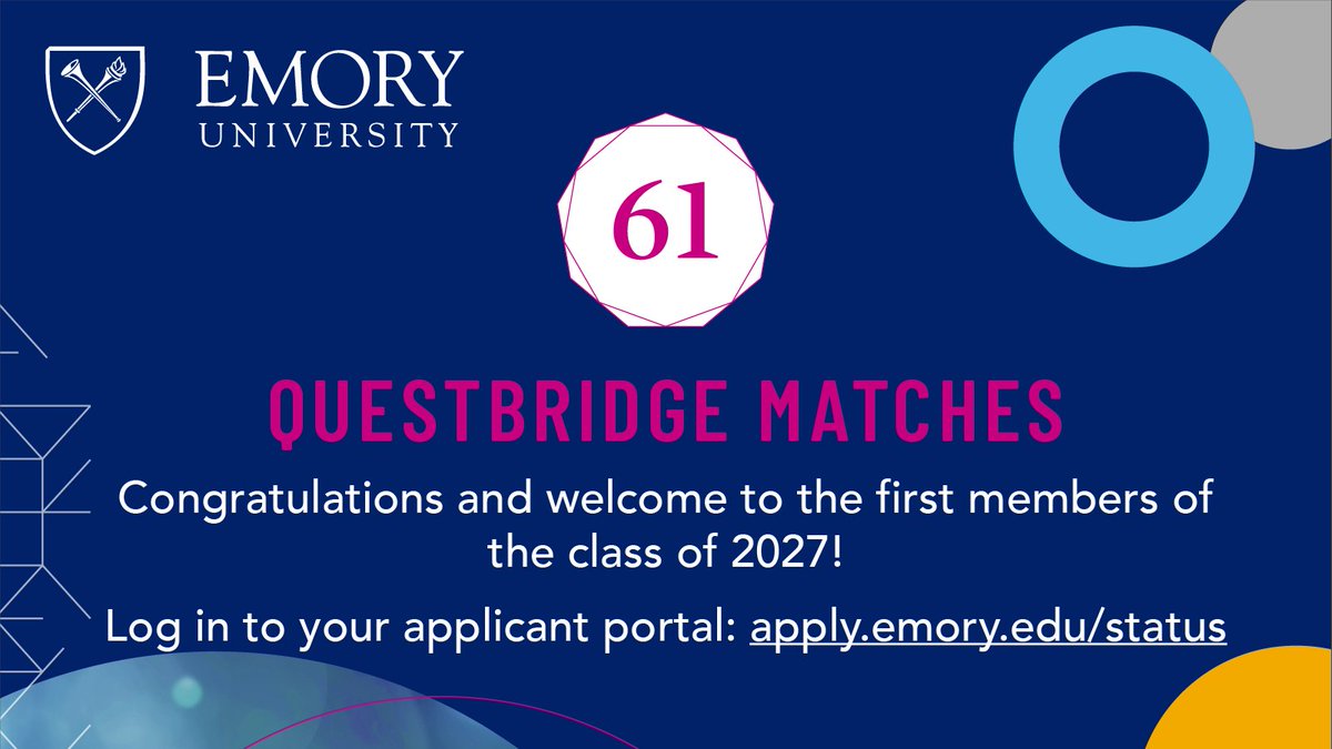 EmoryAdmission's tweet photo. ๐๐ Emory University has matched with 61 QuestBridge students for the 2022 National College Match! Visitย https://t.co/cbzcUXUSQ6.
#qbscholar @questbridge #EmoryUniversity #EmoryCommunity #Emory2027 #Oxford2027 #EmoryAdmission @emoryuniversity @emoryoxford @emorycollege https://t.co/q0ob5wSBC0