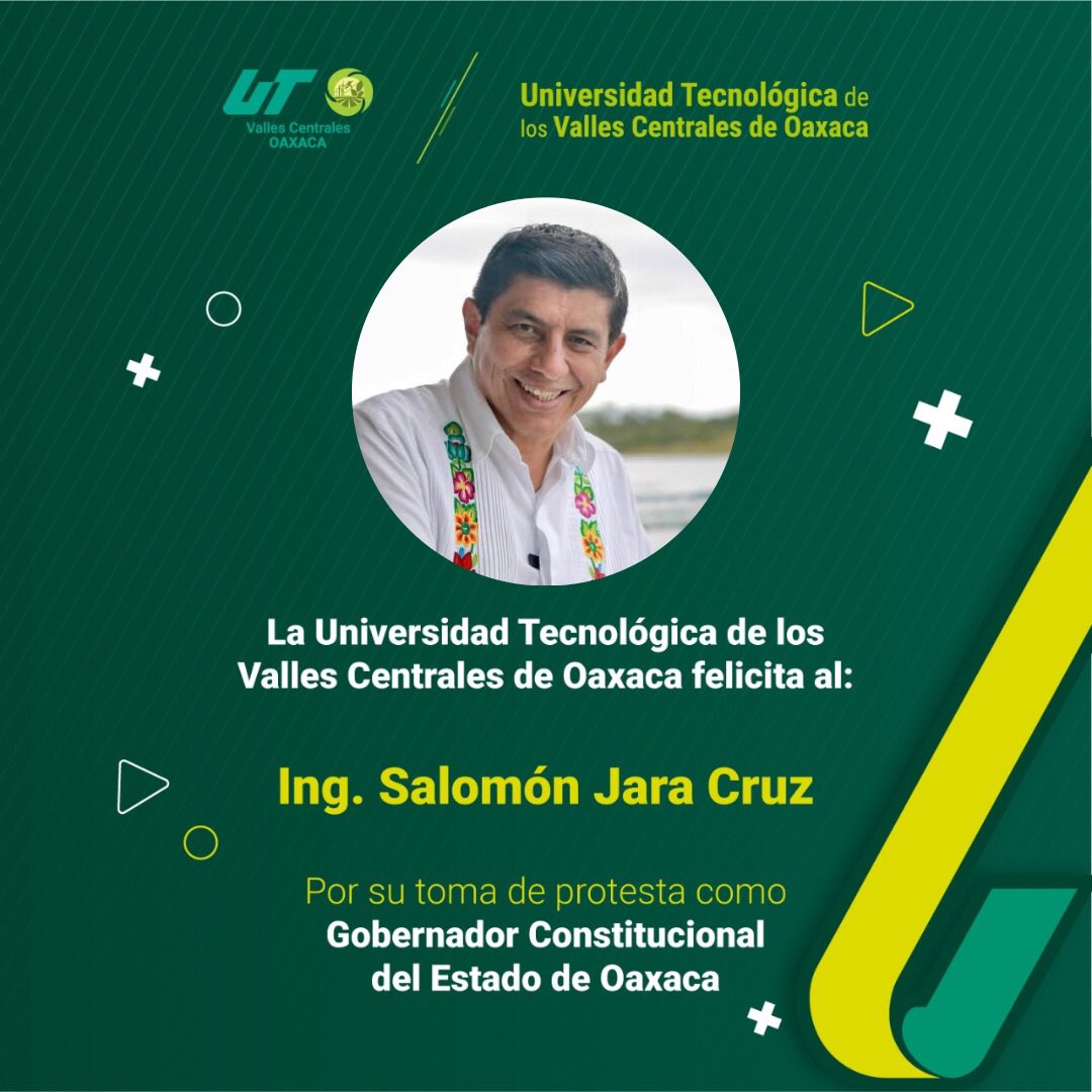La #ComunidadUTVCO felicita al Ing. Salomón Jara Cruz, por rendir protesta como Gobernador Constitucional del Estado de #Oaxaca. 
Le deseamos éxito en esta nueva encomienda.
<a href="/salomonj/">Salomón Jara Cruz</a> @goboax