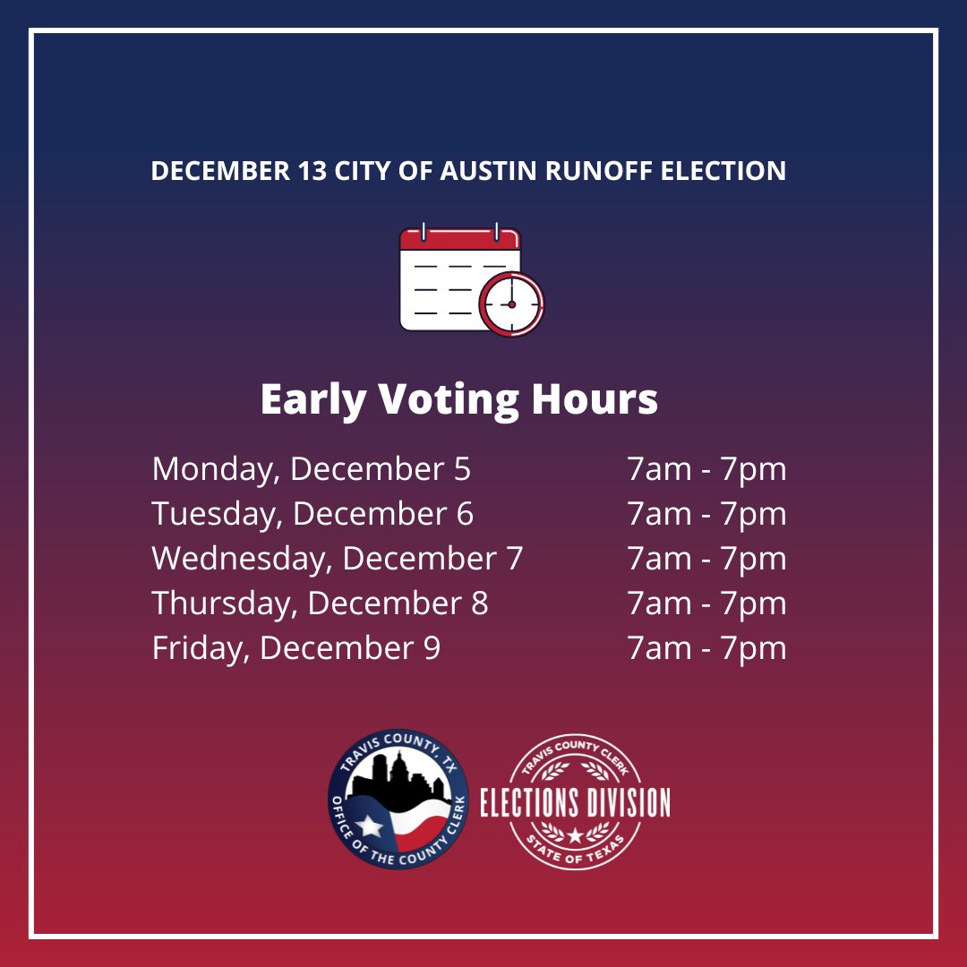 You have five days left to vote early in the December 13 City of Austin Runoff Election. 

Find everything you need to vote at VoteTravis.com. #VoteEarly #Austin