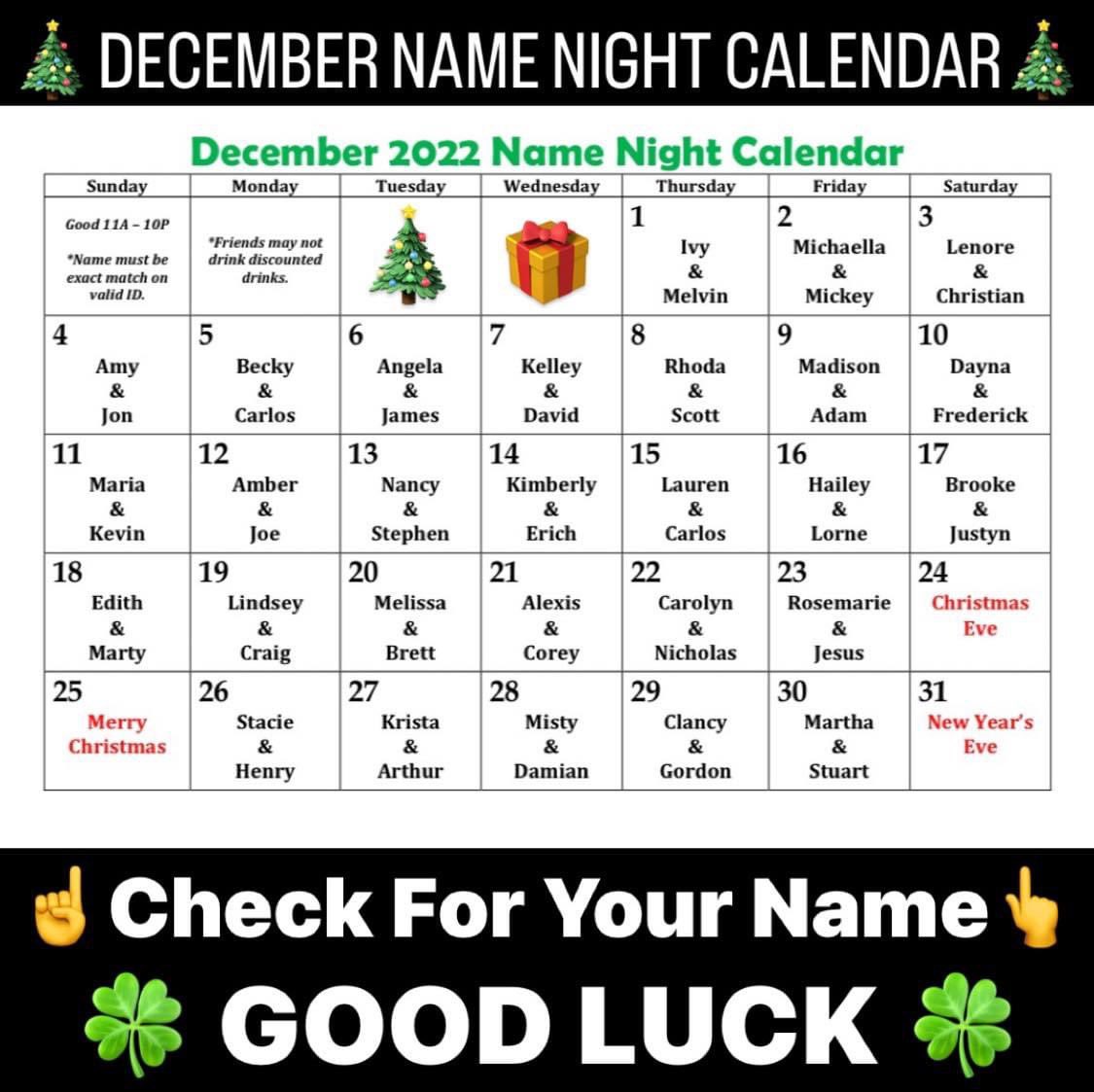 TheGoosesAcre1's tweet photo. Feeling LUCKY? 🍀
#Drinks & #Drafts
@TheGoosesAcre1
$.25 #WellDrinks🥃
10oz #Domestics🍺
If your name appears on
our #NameNightCalendar
Name must be an exact match
w/your 21+ valid ID/Passport
Only named party is eligible
Good only on the date name is listed from 11AM-10PM https://t.co/dPow2FlSkM