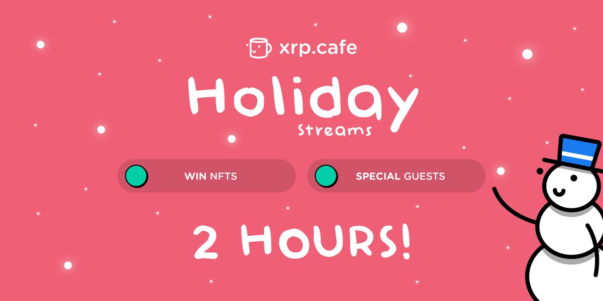 xrpcafe's tweet image. 📌 In 2 hours we're starting our second Twitch Holiday Stream ☃️

Every Saturday of December we're going to be:

✨️ Giving away NFTs
✨️ Hosting guests
✨️ Having fun

📺 Today at 2pm EST
twitch.tv/xrp_cafe

👥 Invite friends
💙 Like 🔁 Retweet