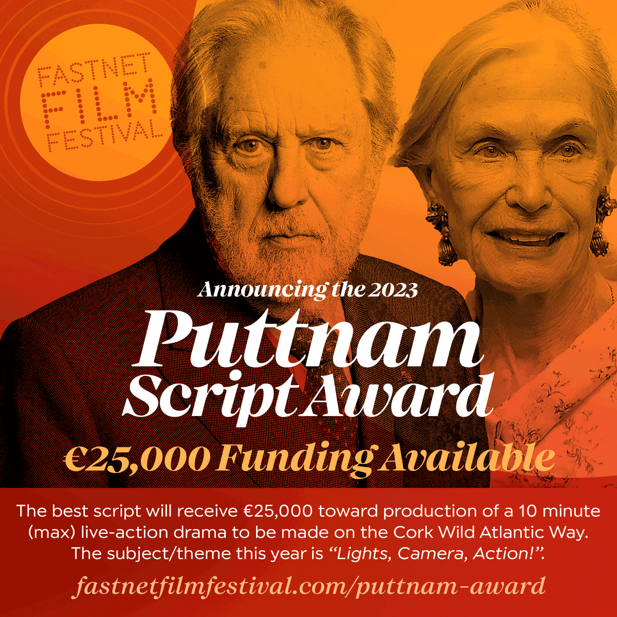 FastnetFilmFest's tweet photo. As of today we are accepting submissions for the 2023 Puttnam Screen Award. The winning script will receive €25,000 towards the production of a 10 min live-action drama to be shot in Cork on the Wild Atlantic Way. This year's theme: 
LIGHTS, CAMERA, ACTION! https://t.co/qMcGish9MQ