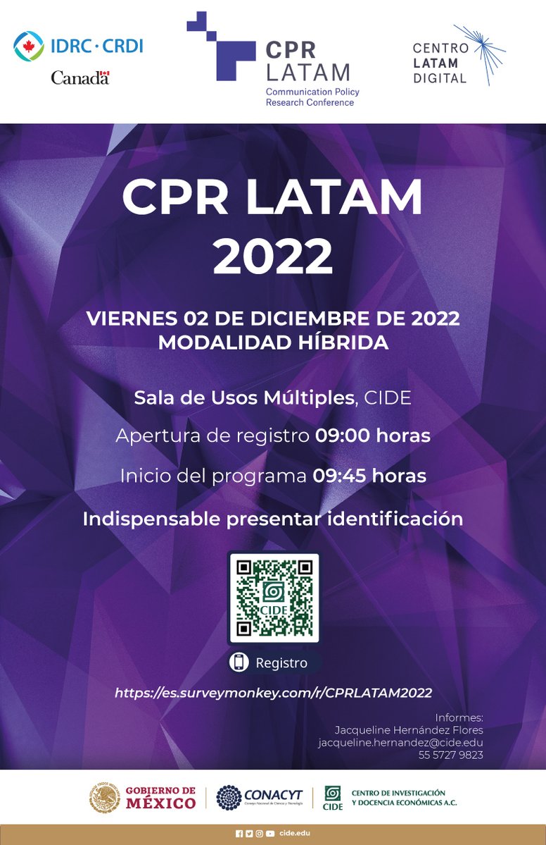🗓️#Evento | Te esperamos mañana en <a href="/CPRLATAM/">CPR LATAM</a> 2022. Si te sumas vía remota debes estar atentx a nuestras redes donde publicaremos el link de la transmisión. 

🗓️02 de diciembre
📍Presencial: Sala de Usos Múltiples <a href="/CIDE_MX/">CIDE</a>
💻Remoto: canal de Youtube <a href="/LATAMxDigital/">Centro LATAM Digital | CLD</a> 
⏰Inicio 9h45