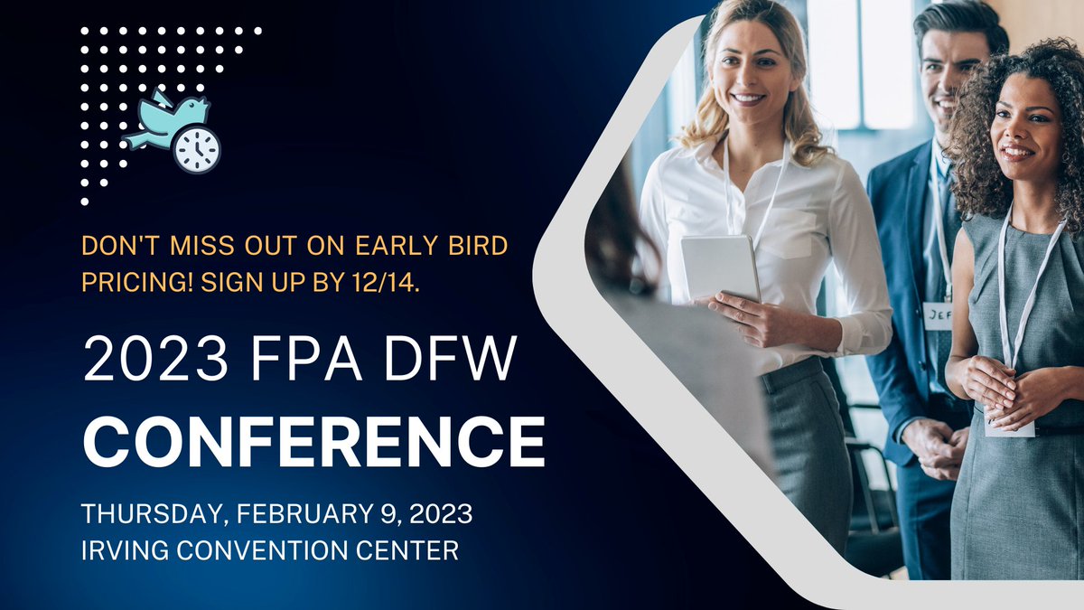 Who enjoys discounts and saving money? If that sounds like you, it's time to register for #FPADFWCONF23. Early bird discounts end 12/14. Group discounts for teams of 5 or more also apply. We hope you will join us. More info &amp; registration at: bit.ly/3isuDA4