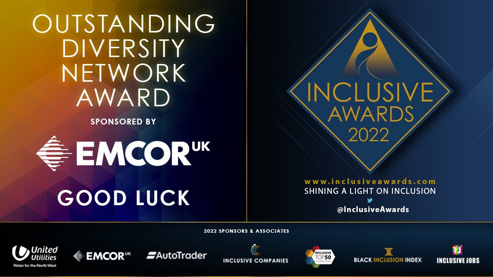 InclusiveAwards's tweet photo. Moving swiftly on... we are delighted to highlight the shortlisted nominees for the #OutstandingDiversityNetwork Award. To present this award, on behalf of sponsor @EMCORUK we are thrilled to welcome to the stage Exec Director of HR, Dylan Wickenden &amp; #IA Judge, it’s @drbijna! https://t.co/PacdFWz0Nv