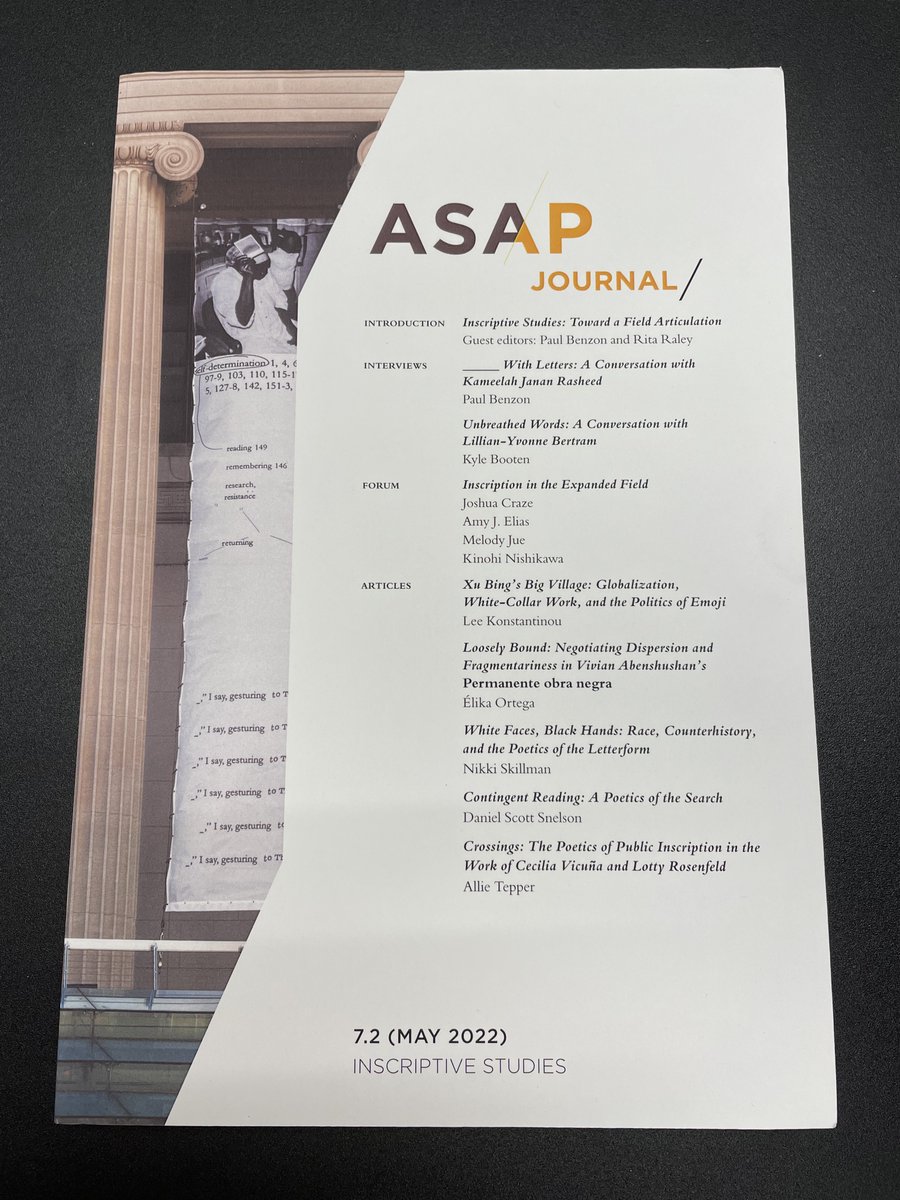 Beyond the word/image binary, @pbenzon and @ritaraley advance a materialist grammatology for 21C art in 'Inscriptive Studies: Toward a Field Articulation.' Grateful to have contributed a piece on Kara Walker, Hank Willis Thomas, Claudia Rankine, and Glenn Ligon to it.