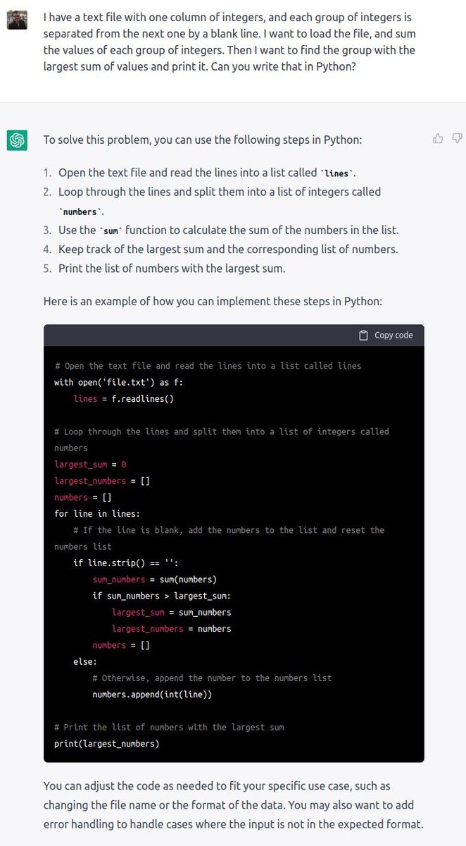 Yann_Le_Du's tweet image. Guy, I had to share that with you : I finished Advent of Code day 1 #AdventOfCode and went back to studying chatGPT, which I discovered thanks to you really, and I explained the problem to the bot, and it solved the problem in Python! Look: