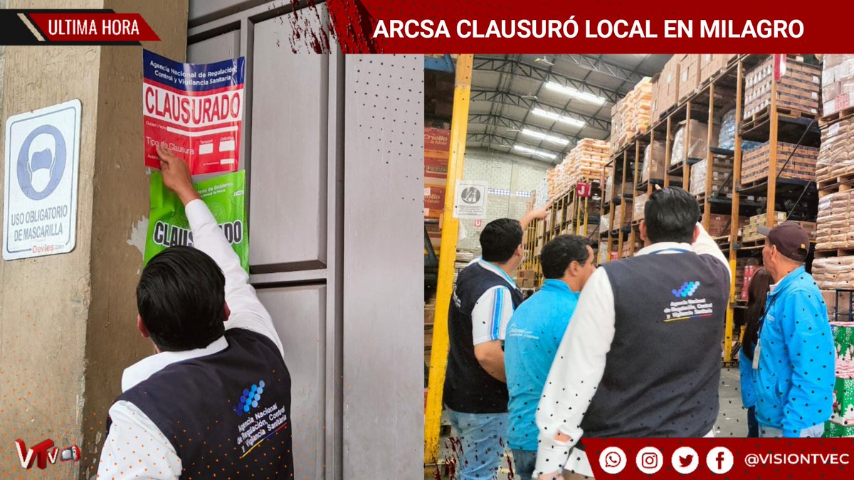 VisionTVec's tweet photo. #Milagro #ArcsaCZ5 

ARCSA #CLAUSURA BODEGA DE ALIMENTOS DE MILAGRO POR MALAS #CONDICIONES #HIGIÉNICO #SANITARIAS

Más información al link 👇👇👇
https://t.co/ato4Kevy6G https://t.co/WkjPeAKrHt