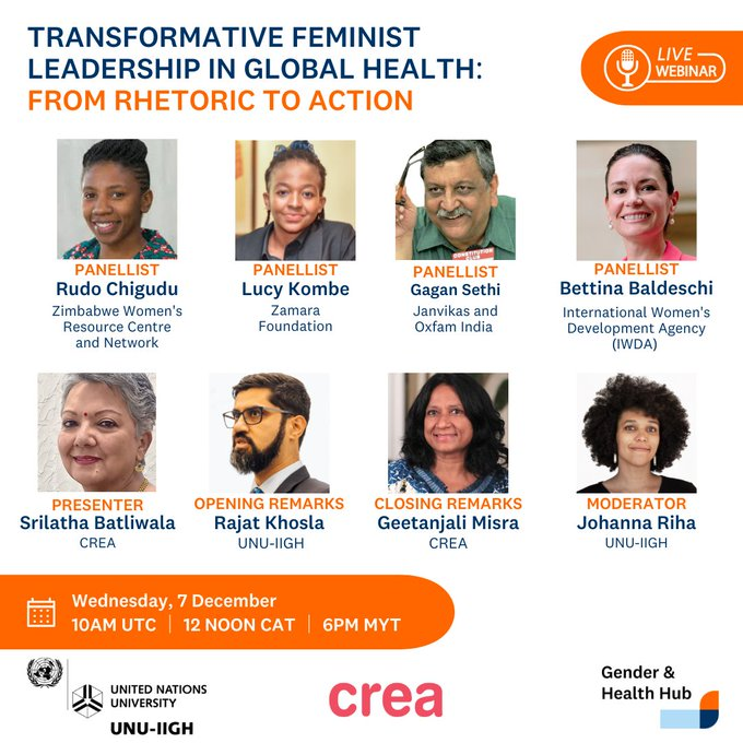 Jo Crawford (@jocrawford_melb) on Twitter photo From rhetoric to action. <a href="/UNU_IIGH/">UNU International Institute for Global Health</a> <a href="/genderhealthhub/">Gender & Health Hub</a> & <a href="/ThinkCREA/">CREA</a> on Transformative Feminist Leadership in #GlobalHealth w <a href="/BBaldeschi/">Bettina Baldeschi</a> Gagan Sethi, <a href="/GeetaMisra/">Geetanjali Misra</a> Lucy Kombe <a href="/Zamara_fdn/">Zamara Foundation</a>, <a href="/khosla_rajat/">Rajat Khosla</a> Rudo Chigudu <a href="/ZWRCNZimbabwe/">ZWRCN Zimbabwe</a>, @sribatli,<a href="/GeetaMisra/">Geetanjali Misra</a>
Register go.unu.edu/VqJEa From rhetoric to action. <a href="/UNU_IIGH/">UNU International Institute for Global Health</a> <a href="/genderhealthhub/">Gender & Health Hub</a> & <a href="/ThinkCREA/">CREA</a> on Transformative Feminist Leadership in #GlobalHealth w <a href="/BBaldeschi/">Bettina Baldeschi</a> Gagan Sethi, <a href="/GeetaMisra/">Geetanjali Misra</a> Lucy Kombe <a href="/Zamara_fdn/">Zamara Foundation</a>, <a href="/khosla_rajat/">Rajat Khosla</a> Rudo Chigudu <a href="/ZWRCNZimbabwe/">ZWRCN Zimbabwe</a>, @sribatli,<a href="/GeetaMisra/">Geetanjali Misra</a>
Register go.unu.edu/VqJEa