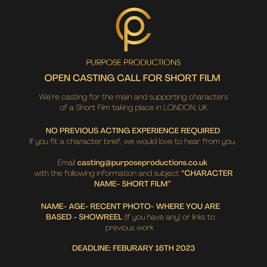 Purposepro_'s tweet photo. CASTING OPPORTUNITY 🚨🚨 we are casting for our Short Film! See below for more information. #UKcasting #castingcall #shortfilmcasting https://t.co/zGldGTwBvU