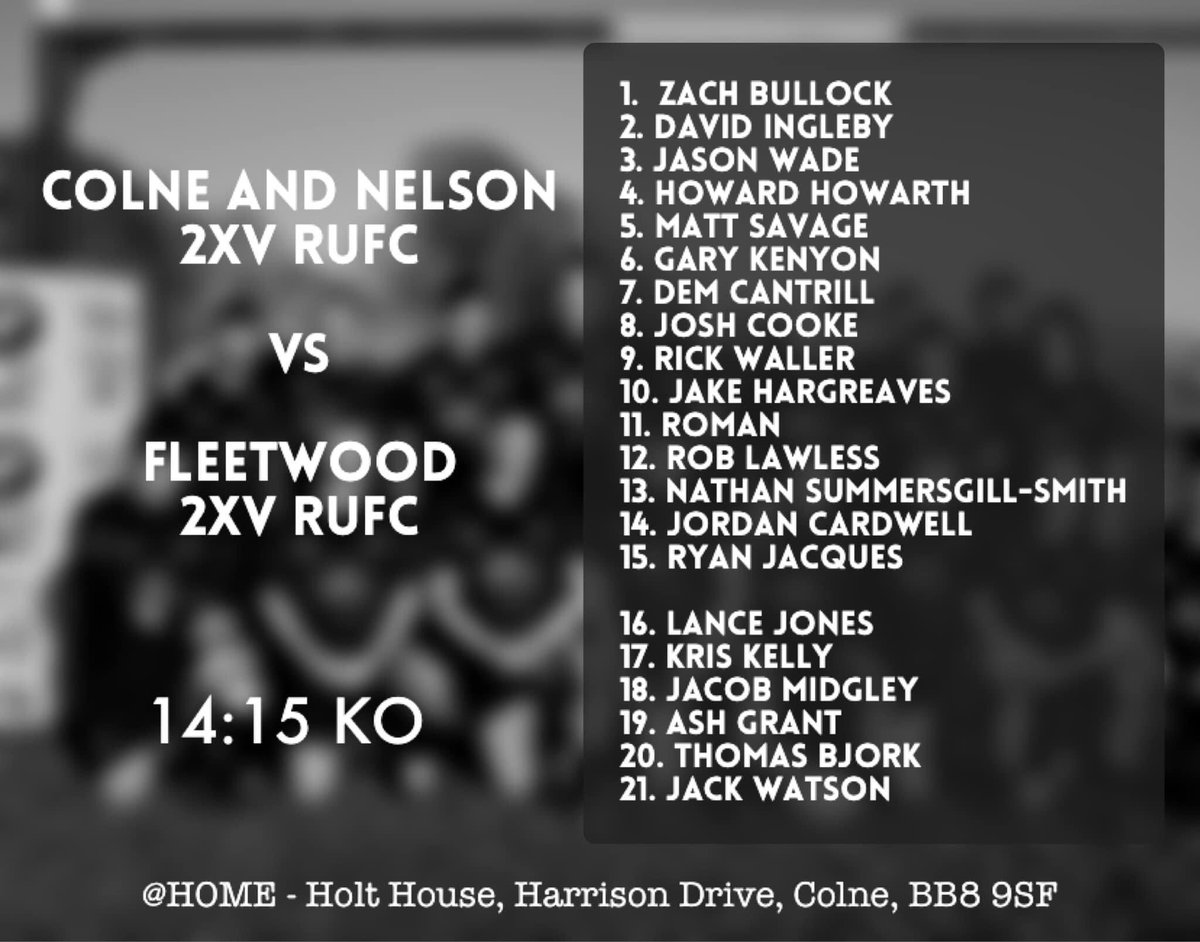 Your 2XV team to face Fleetwood 2nds on Saturday at HOME! ⏰ 2:15pm KO 📍 Holt House, Colne 🍻 Clubhouse open Please be aware, that due to a match on at the football club, parking will be limited.