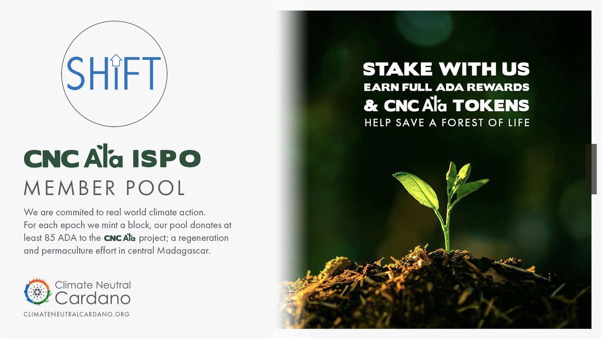 stakeSHIFTteam's tweet image. #StakeForGood 
Stake your $ADA with a #CNCAla pool and protect parts of the #Madagascar.

Our pools love to donate to @TetikasaAla and help build a #permaculture project that brings sustainable farming to local farmers. 

#CardanoCommunity #ISPO