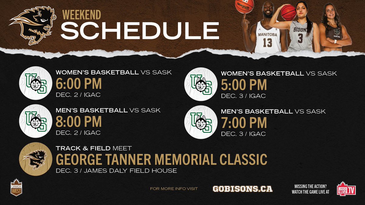 Final weekend of action 🤘

<a href="/bisonsmbb/">Bisons Men's Basketball</a>, <a href="/bisonswbb/">Bisons Women's Basketball</a>, &amp; <a href="/UMBisonsTF/">Bisons T&F/XC</a> close out the first half the season tomorrow night! 

📝 Weekend Preview - bit.ly/3H8C9KV

#WeAreAllBisons #HornsUp🤘 #UManitoba