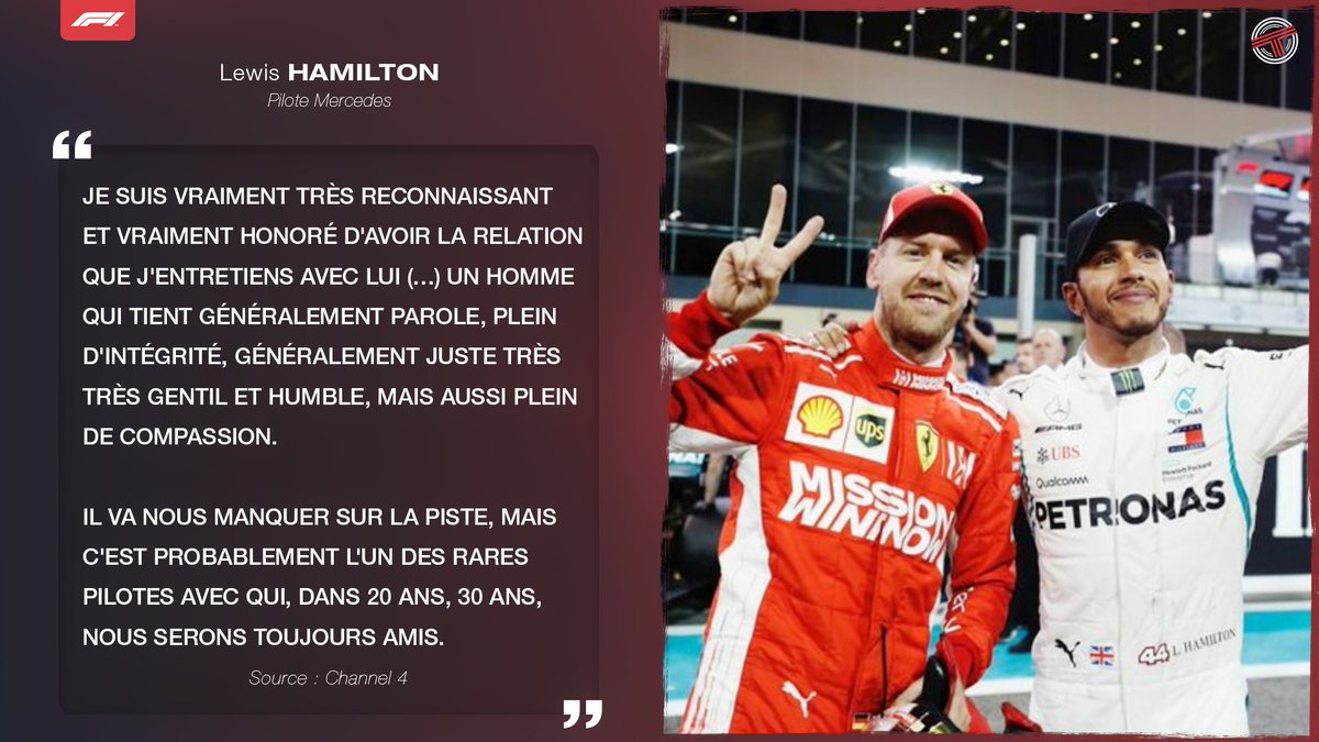 🔴 Lewis Hamilton se dit "honoré" d'avoir cette relation amicale avec Sebastian Vettel 🥹

💬 "C'est probablement l'un des rares pilotes avec qui, dans 20 ans, 30 ans, nous serons toujours amis."

(🗞 <a href="/Channel4/">Channel 4</a> / #F1)