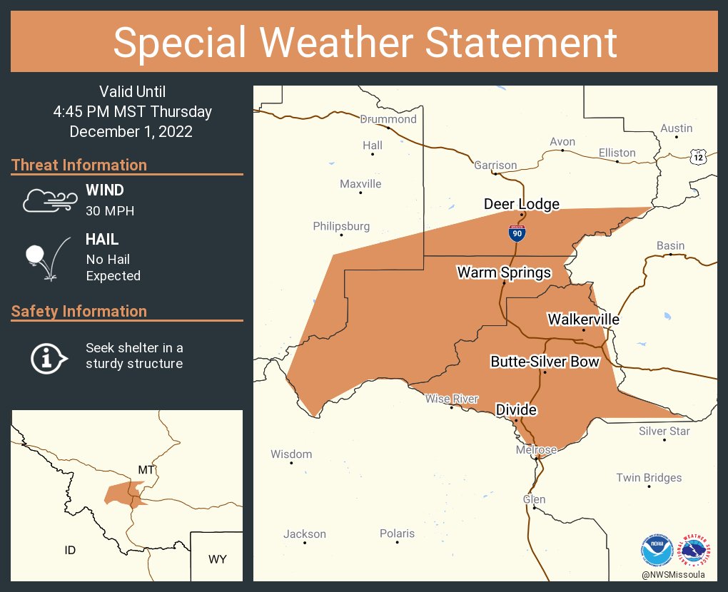 NWSMissoula's tweet photo. [4pm MST 12/1]Heavy snow showers are impacting this area from #GeorgetownLake to #Anaconda to #Butte and impacting Highway 1, #I90 and #I15. Soon to be hitting #HomestakePass in an hour or so.
Expect rough travel and you may want to avoid driving through this region now. #mtwx https://t.co/h4Ai6yGSXp