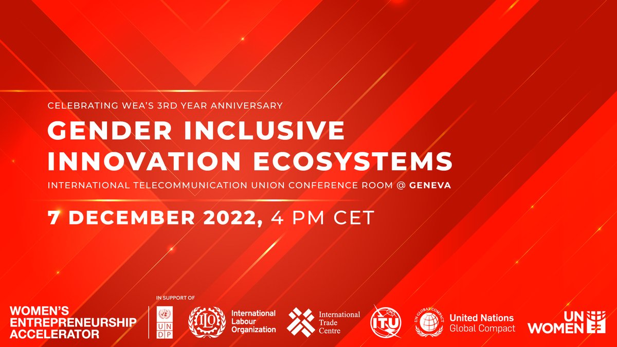 Join us virtually in Geneva to celebrate WEA's 3rd anniversary.  Learn more about how to jumpstart change for women entrepreneurs, ways of addressing the barriers to innovation for women-owned and led firms and emerging policies and practices. Register: bit.ly/3EVcZfT