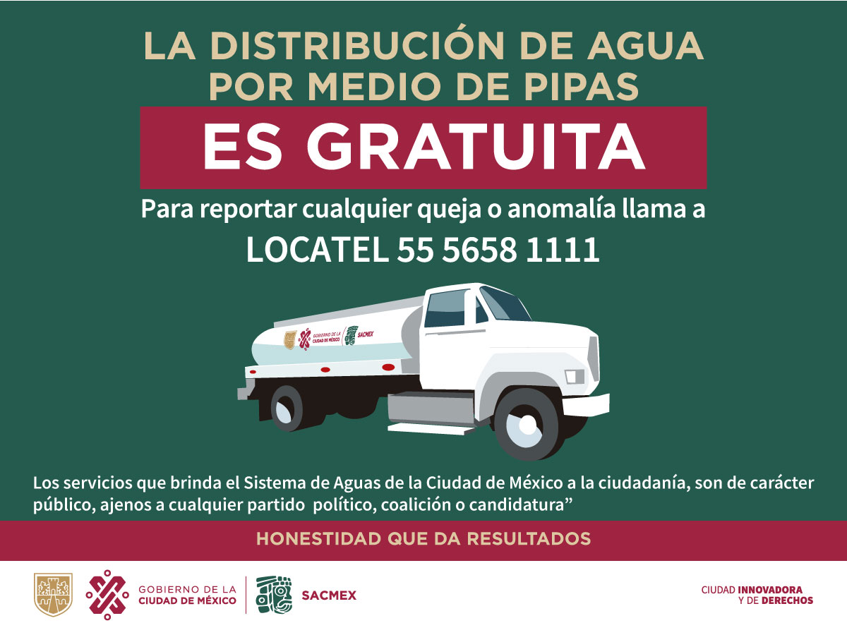 SEGIAGUA's tweet photo. ¿Quieres solicitar una pipa de #AguaPotable y no sabes cómo hacerlo? 🤔

¡Es muy sencillo!

Manda un mensaje a nuestras redes sociales o llama a los teléfonos:

➡️55-56-54-32-10 
➡️55-56-58-11-11 

El servicio de pipas que brinda el #SACMEX es gratuito.

#TrabajamosParaTi https://t.co/PIQNHRMg4n