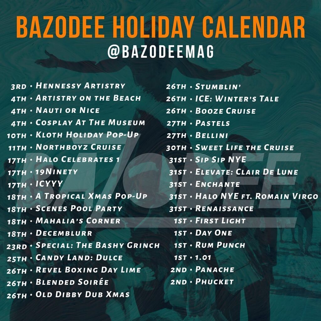 BazodeeMag's tweet photo. Here’s our updated Holiday Calendar featuring more events. A well fleshed out holiday season coming at you.
#bazodeemag #barbados #holidayseason #holidaycalendar #holidays https://t.co/SKUQScnSAm https://t.co/MBSiezByCF