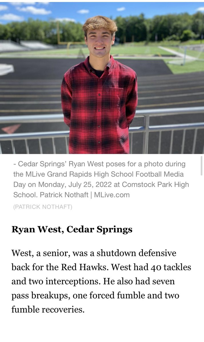 _Ryan_West's tweet image. Honored to be chosen first team DB for the Grand Rapids Press dream team!