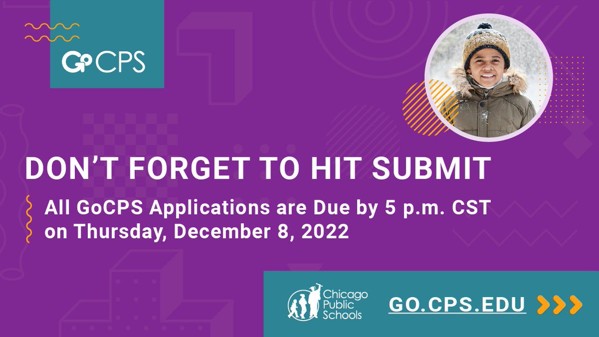 ChiPubSchools's tweet photo. Don’t miss the NEW deadline! All GoCPS elementary school applications must now be submitted by 5 p.m. CST this Thursday, December 8. That’s an extra week to learn more and apply for the 2023-24 school year at https://t.co/blwllQFzOU. #gocps https://t.co/5N2yWf3D96