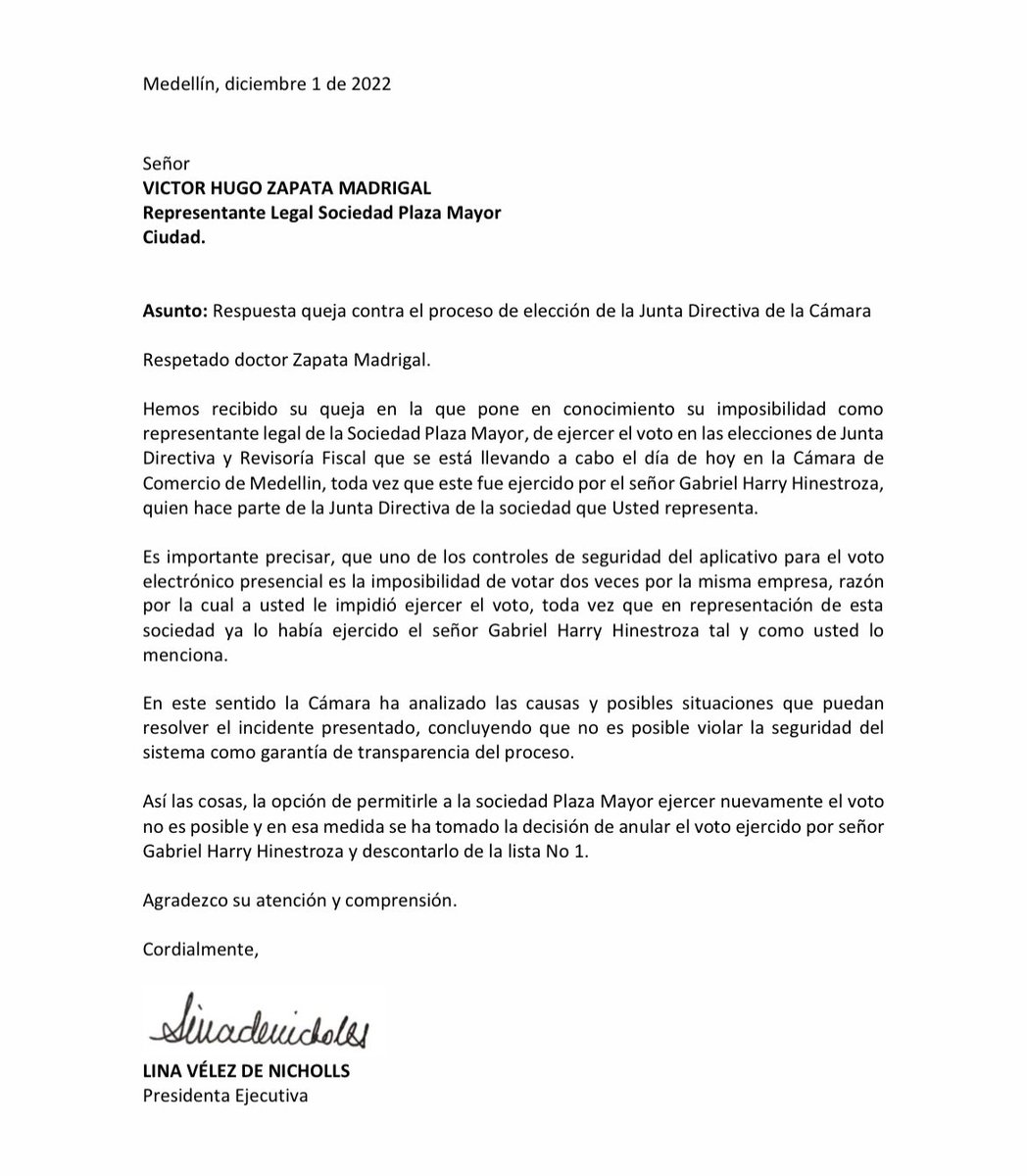 victorhzapata's tweet photo. Al final de la tarde recibo una comunicación oficial de la CCMA en la cual me informaron que no podía votar y que se anulaba el voto depositado por el señor Harry por la lista #1. (Adjunto evidencia). https://t.co/obmMF22fIJ