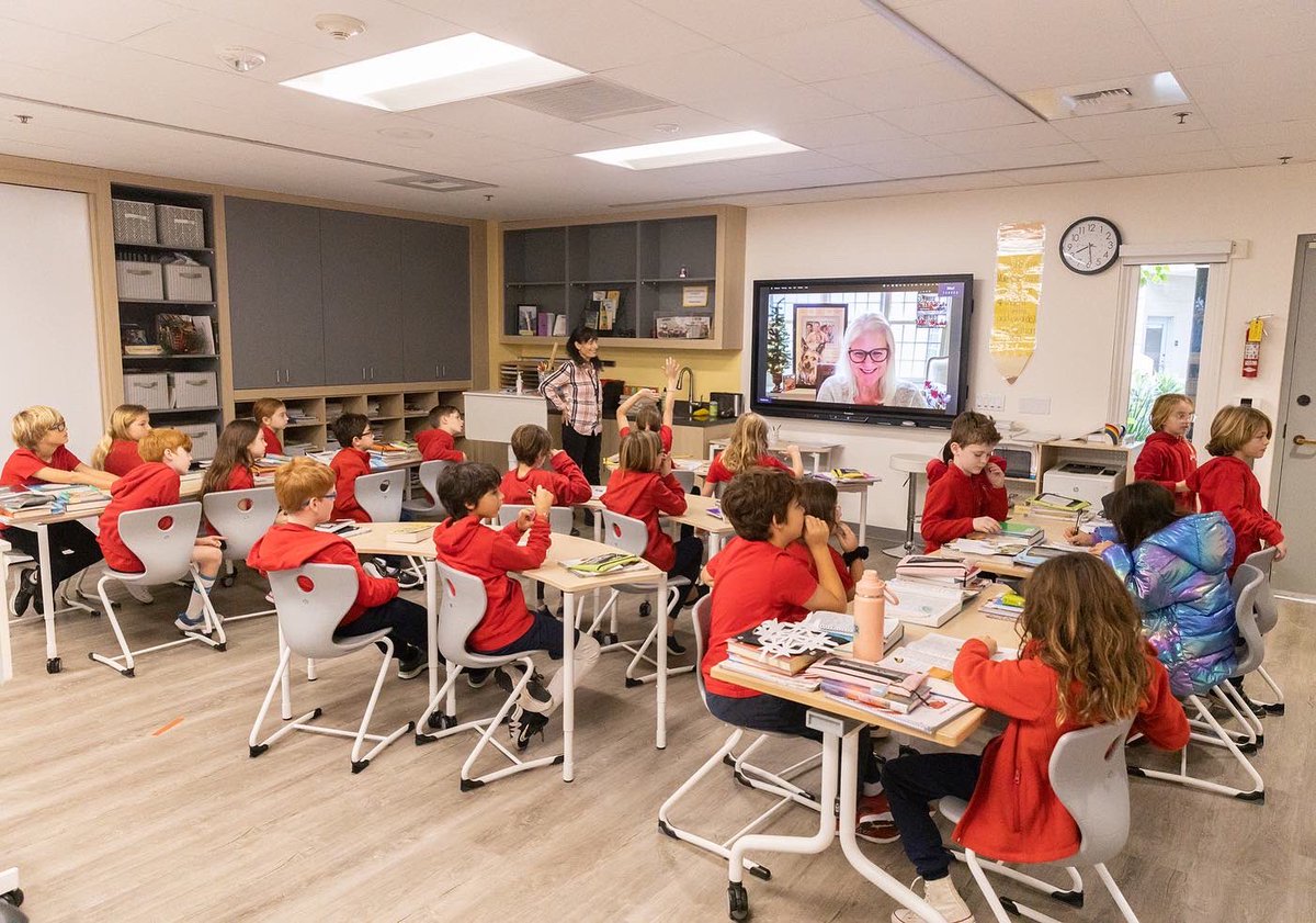 VillageSchool's tweet photo. 3rd grade classes got to zoom in with Joan Singleton, the writer and producer of “Because of Winn Dixie.” Students were curious to understand how a book is adapted to a screenplay. They did a thoughtful Q&amp;A, and were answered by Ms. Singleton herself!
 
#villageschool https://t.co/l1hOIH4c4m