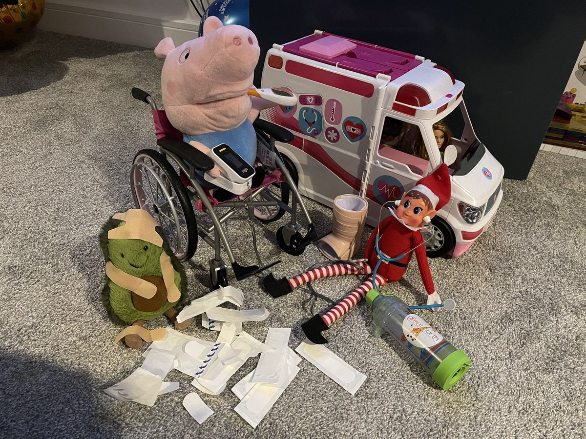 MrsArcticride's tweet photo. Back to @NewcastleHosps @GreatNorthCH tomorrow for a procedure on the surgical day unit for Islay so the elf is practicing his skills #elfontheshelf #medicalelf #mycomplexbears https://t.co/nTt2TQCXlX