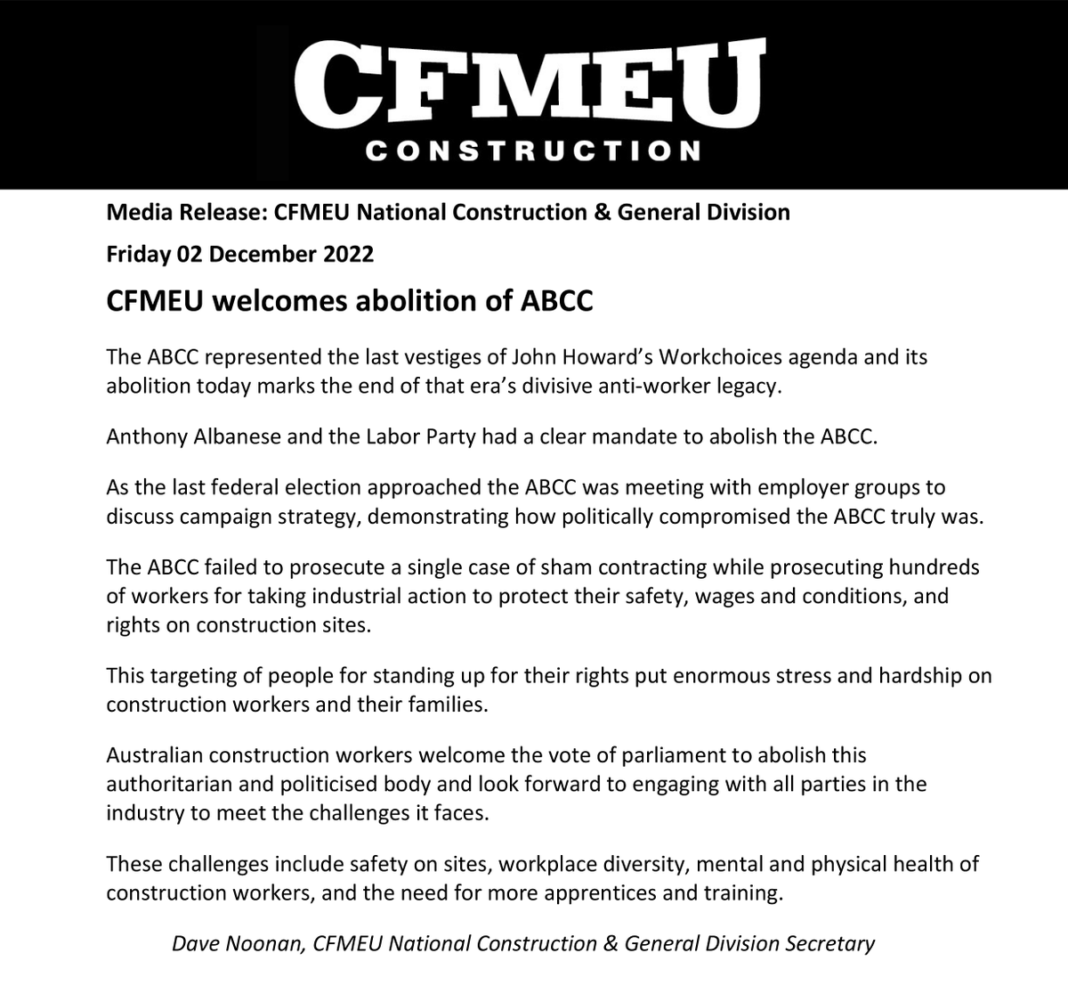 CFMEU WELCOMES ABOLITION OF ABCC: "The ABCC represented the last vestiges of John Howard's Workchoices agenda and its abolition today marks the end of that era's divisive anti-worker legacy." #ausunions #auspol 

cg.cfmeu.org/news/cfmeu-wel…