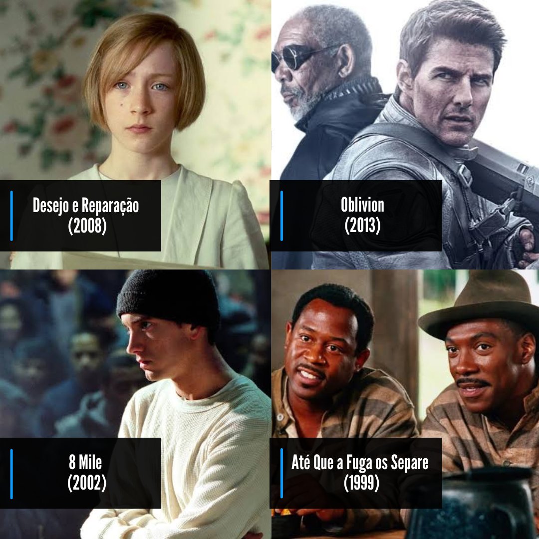- Desejo e Reparação (um drama de guerra excelente)
- Oblivion (Sci-Fi bem interessante com Tom Cruise)
- 8 Mile (drama musical estrelado pelo Eminem)
- Até Que a Fuga Nos Separe (uma comédia muito subestimada com Eddie Murphy)