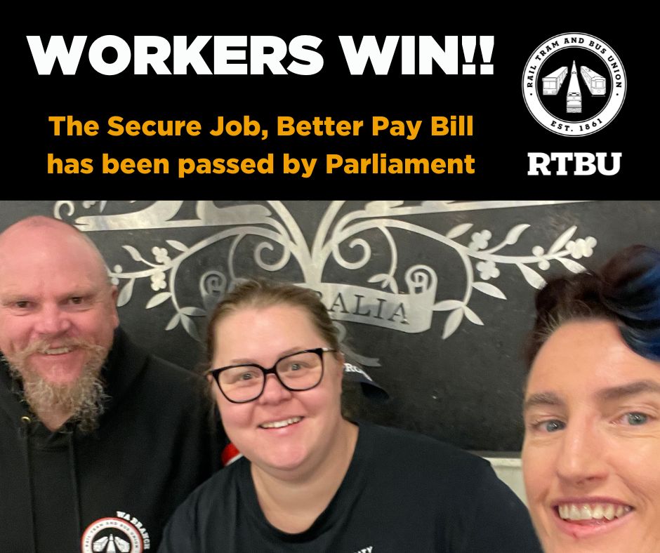 RTBUnion's tweet photo. Amazing news from Canberra today, where the Fed Govt's #SecureJobsBetterPay bill has been passed by parliament. Congrats to all activists who got involved the campaign, and thank you to Sen David Pocock for supporting workers #auspol #ausunions https://t.co/W8uCrSQn8H