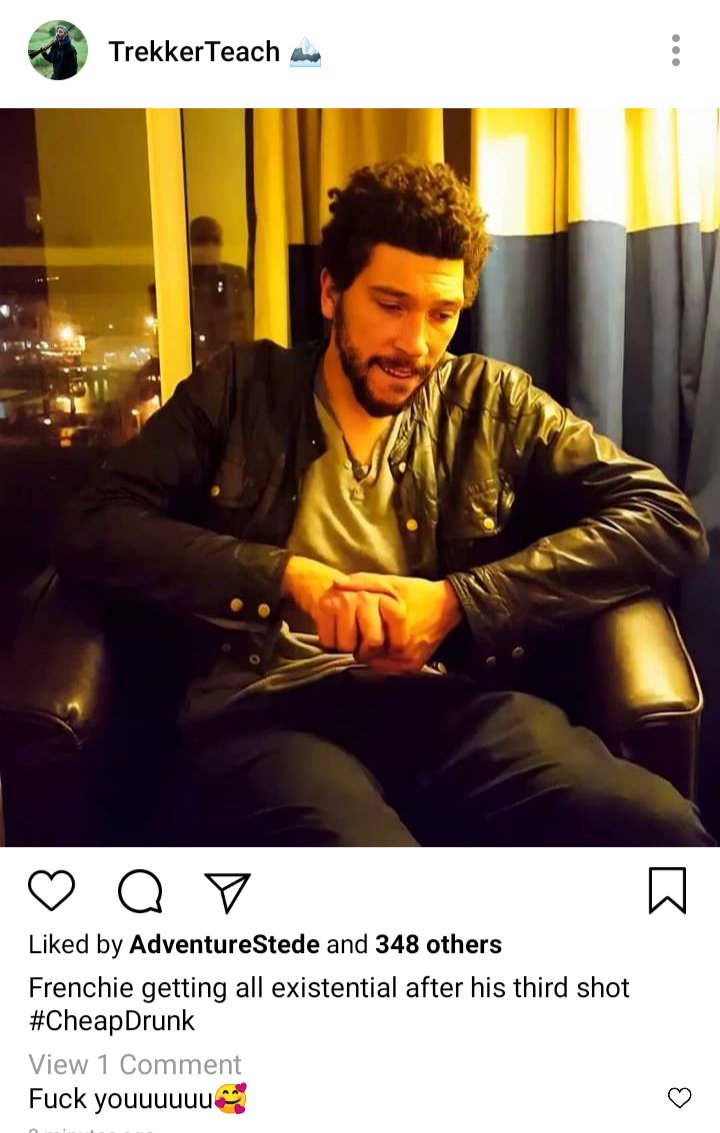 Ed's IG: Picture of Frenchie sitting in a chair. "Frenchie getting all existential after his third shot #CheapDrunk