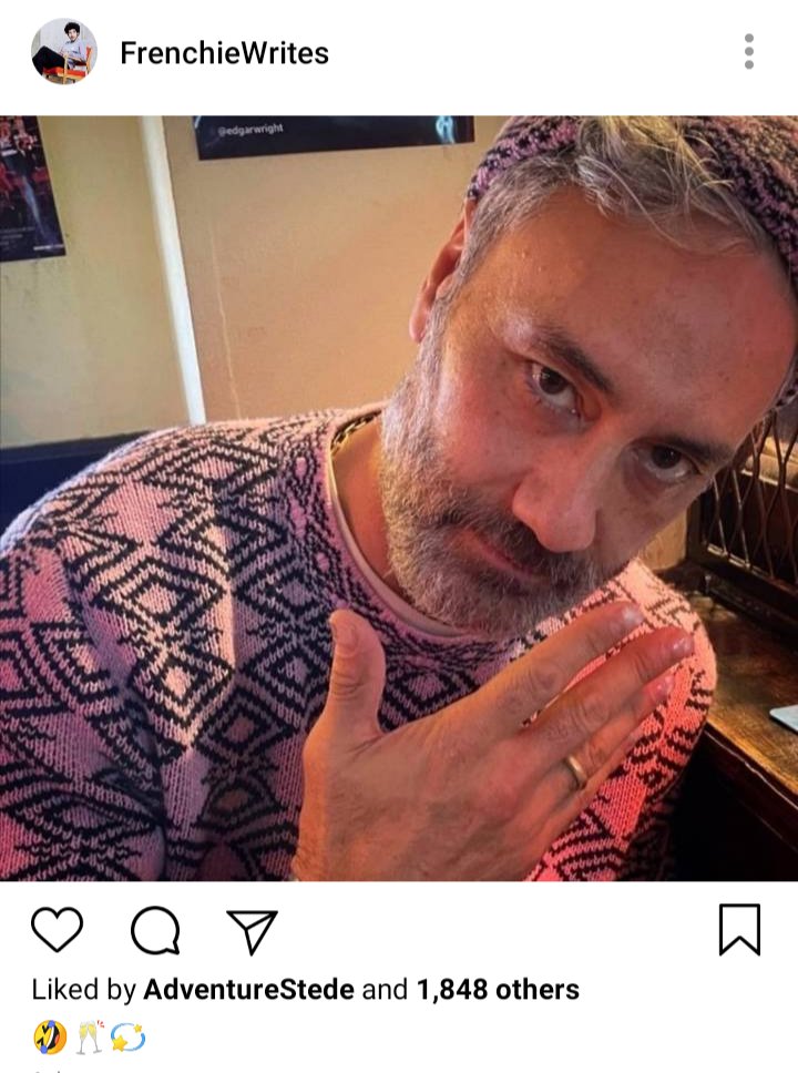 Frenchie's IG: Picture of Ed staring at camera. Caption reads "🤣🥂💫" 