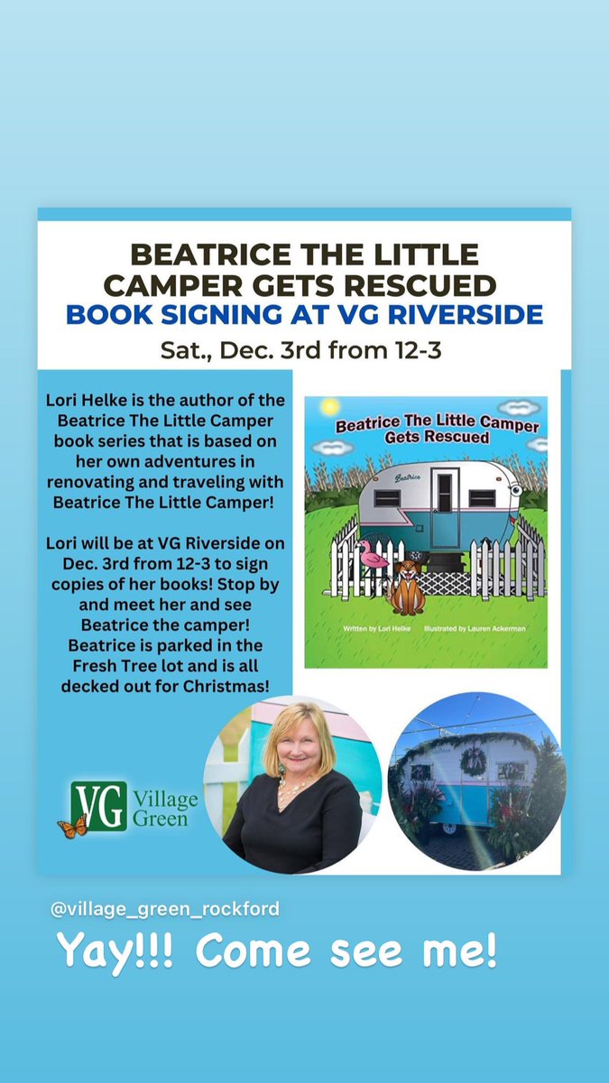 This Saturday if you're in the Rockford IL area, come to Village Green Home and Garden Riverside location to get your Christmas photo taken with a decked out Beatrice!
I'll be there signing books.

There will be lots of deals going on.
#christmasdecor #vintagecamper