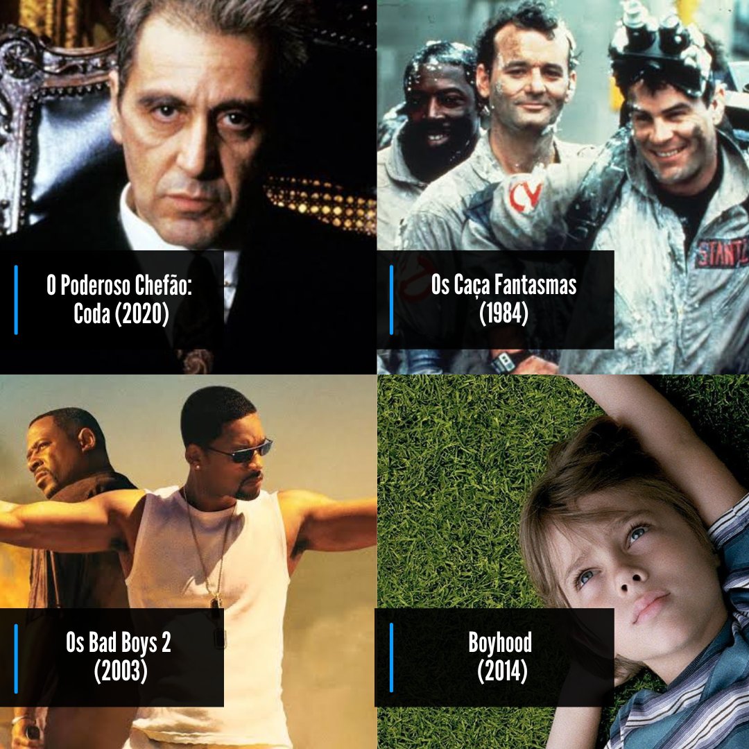 - O Poderoso Chefão: Coda (uma versão alternativa de Godfather 3)
- Os Caça Fantasmas (comédia oitentista raiz)
- Os Bad Boys 2 (poucos filmes me fizeram chorar de rir como esse)
- Boyhood (o coming of age definitivo)