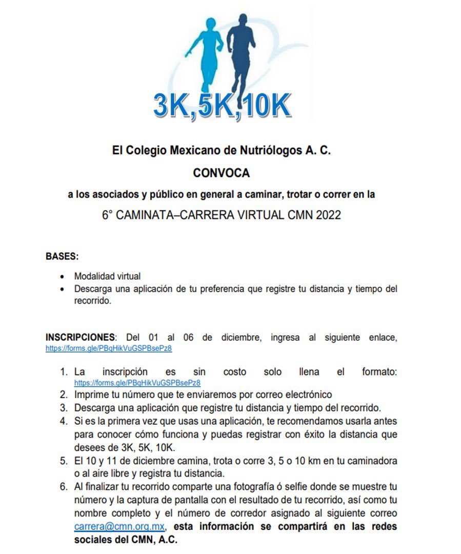 Invitación a la 6° CAMINATA–CARRERA VIRTUAL CMN 2022
INSCRIPCIONES: Del 01 al 06 de diciembre, ingresa al siguiente enlace,
forms.gle/PBqHikVuGSPBse…