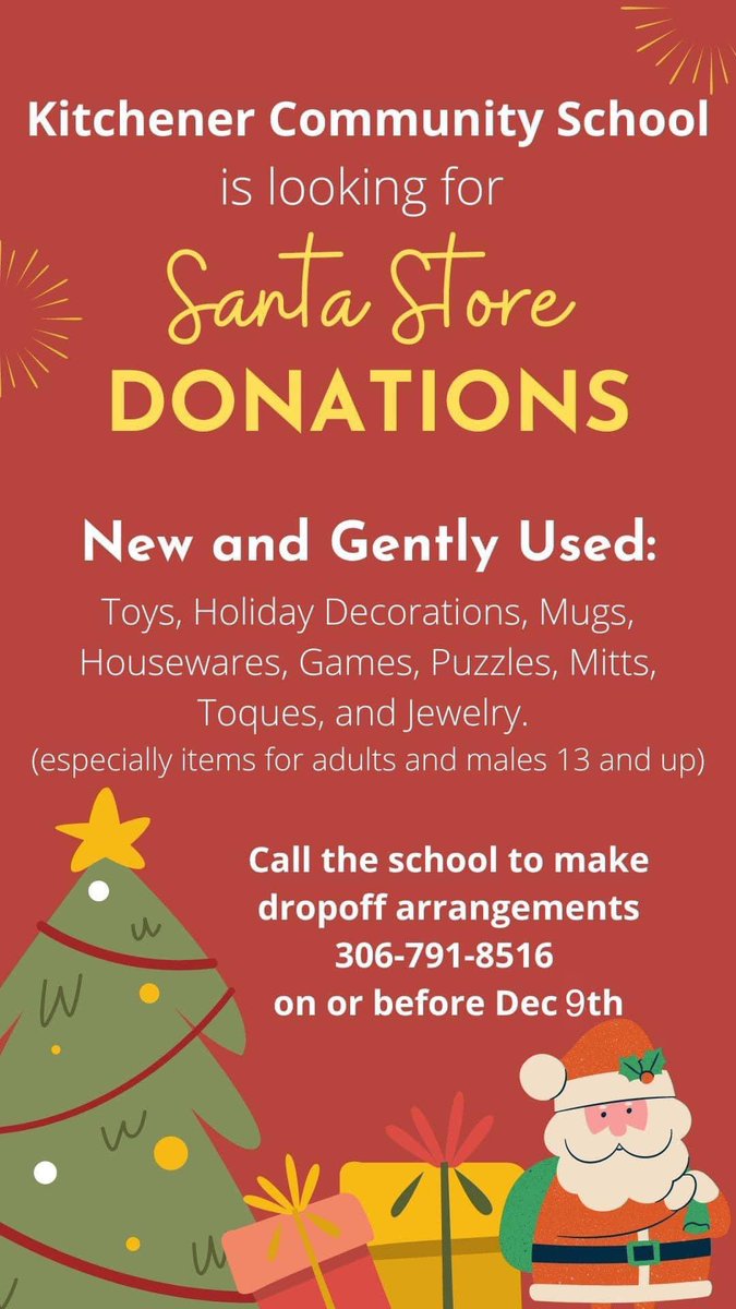 Kitchener School on Twitter "We are needing items for our Santa Store