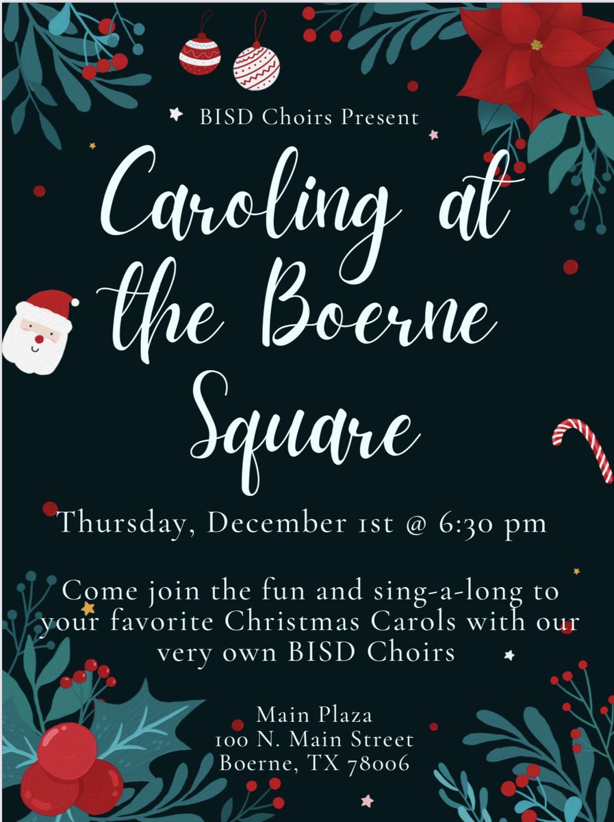 We are Cancelling the Caroling tonight due to weather. See you next year!! @BoerneISD @BoerneFineArts @SamChampionHS