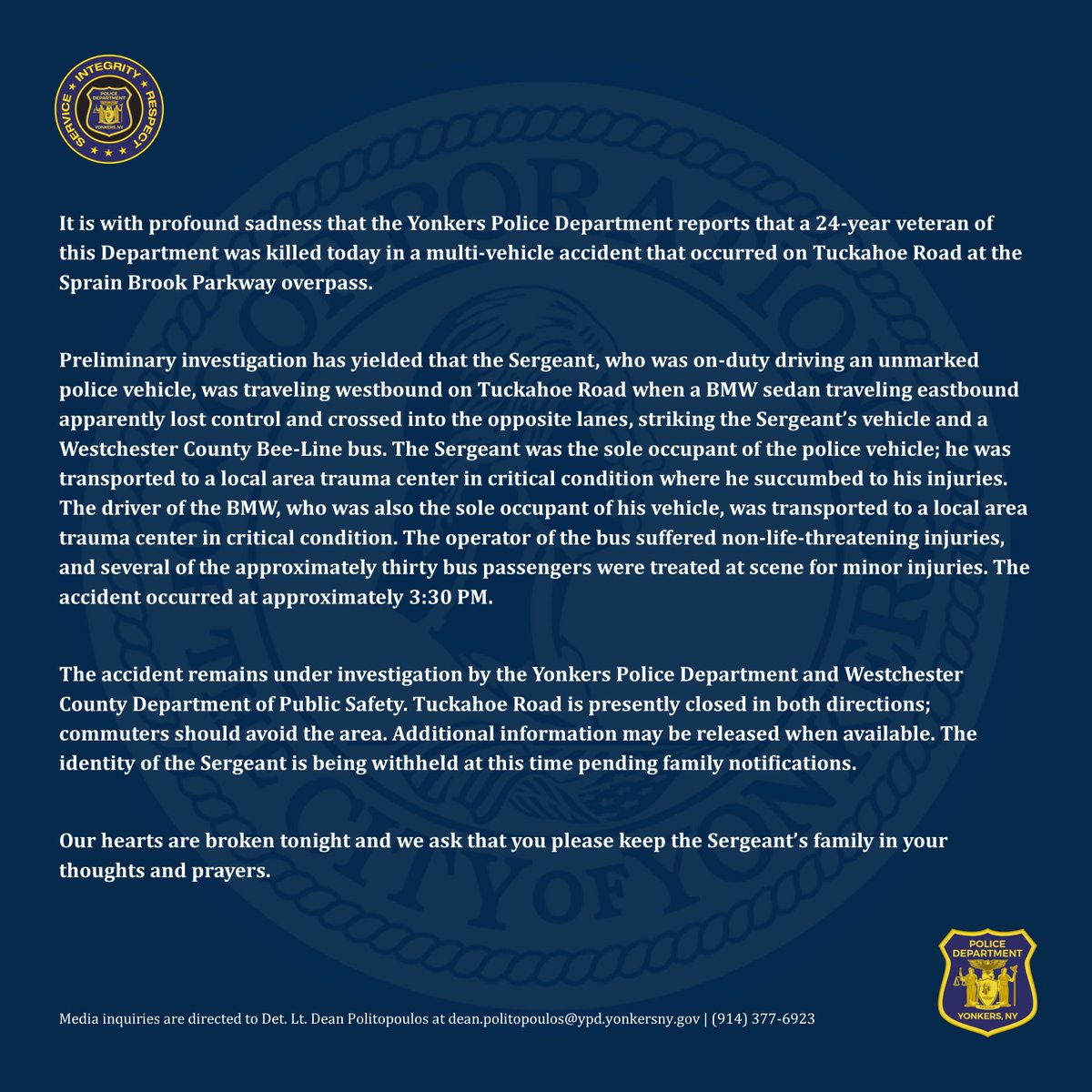 Yonkers Police HQ on Twitter "See attached statement regarding fatal