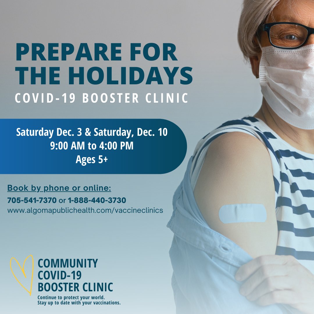 AlgomaOHT's tweet photo. Protection from your last dose of the COVID-19 vaccine decreases over time. Prepare for the holidays by boosting your defences. Book an appointment for your COVID-19 booster dose today.
 
📆 Saturday, Dec. 3 &amp; Dec. 10 from 9:00AM - 4:00PM
📍 SSM APH Office - 294 Willow Ave. https://t.co/IUtNDrqJ20