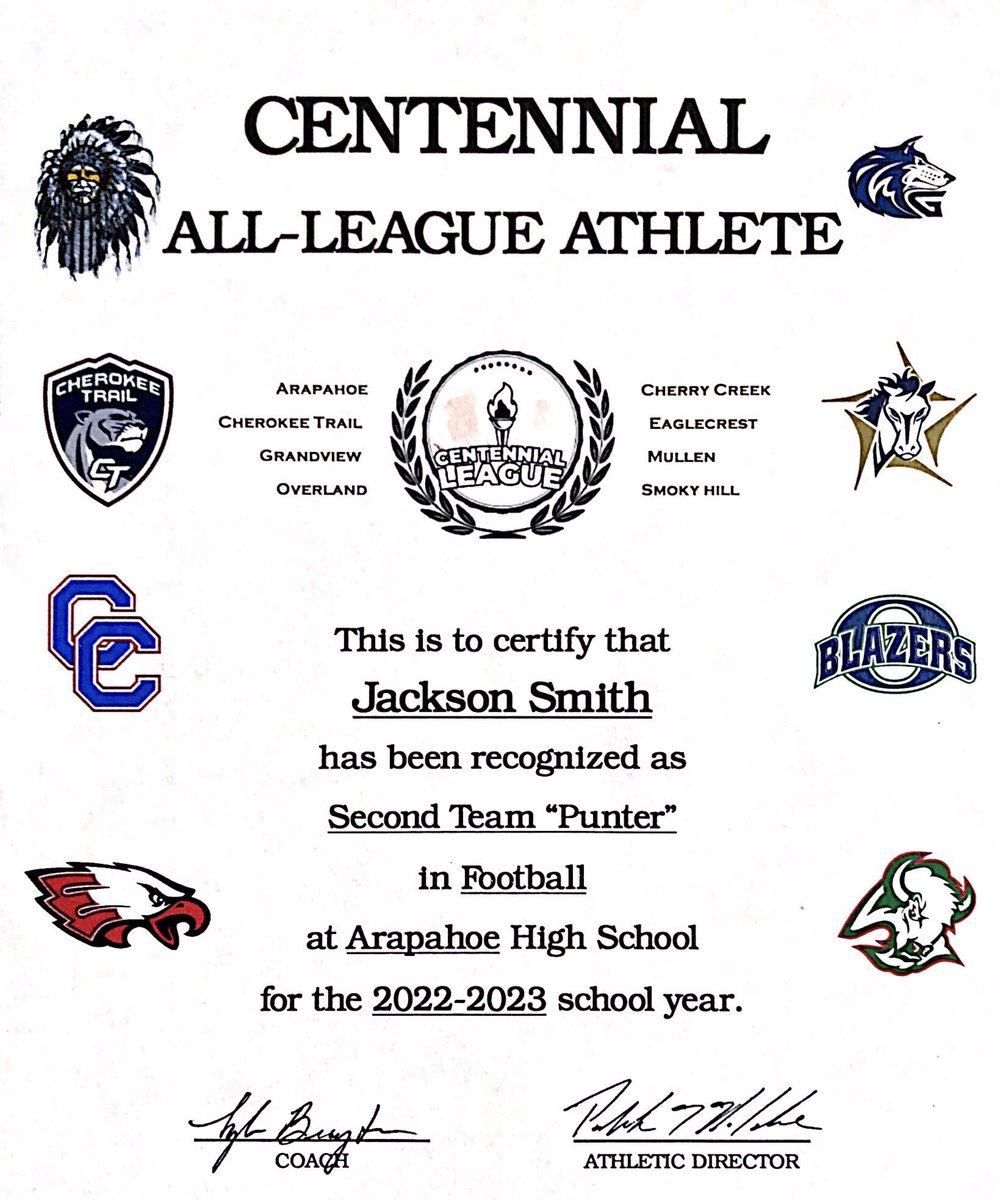 Jack09Smith23's tweet photo. I am very grateful to be named All-League first team kicker and second team punter. I also got awarded with Special Teams Player of the year for my school. Thanks Arapahoe for such a great season. @Arapahoe_FB @coachjimvert https://t.co/8ISQ7HeKe6